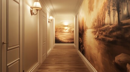 Elegant Hallway Interior Design with Scenic Mural