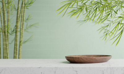 Natural wooden plate on luxury marble table with bamboo plant background. Cosmetic and beauty...