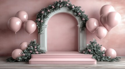 Pink Archway Balloons Flowers Elegant Festive Setup