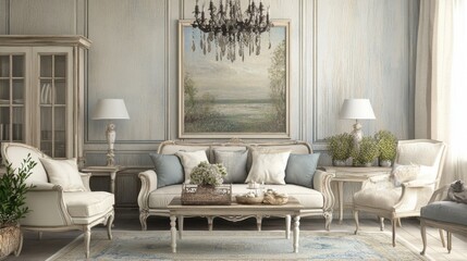 Elegant Living Room Interior Design with Classic Furniture, Beautiful Artwork, Soft Color Palette, and Exquisite Decorative Accents in a Serene Atmosphere