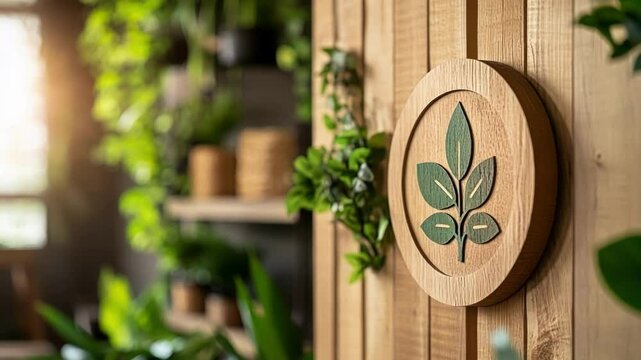 A closeup of a factorys green certification plaque affixed to a wall surrounded by plants and ecofriendly decor signifying a commitment to sustainable practices recognized by industry
