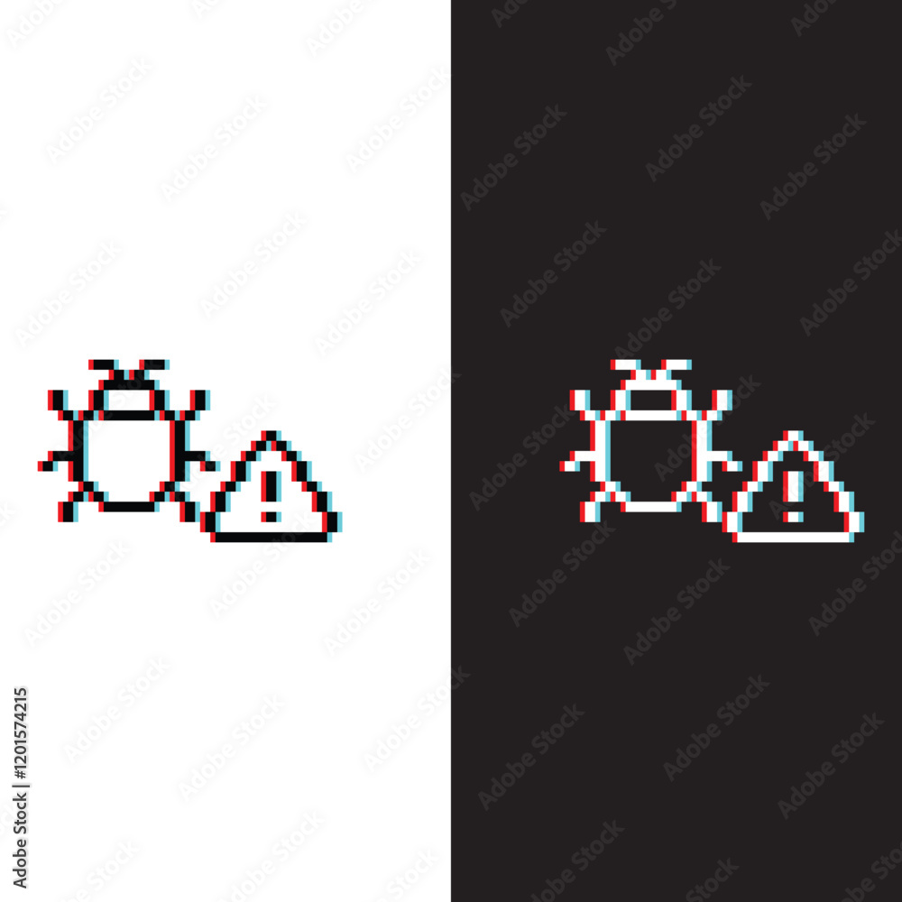 Poster glitch effect pixel art mobile or computer pc virus vector game 8 bit icon cyber attack sign. protec
