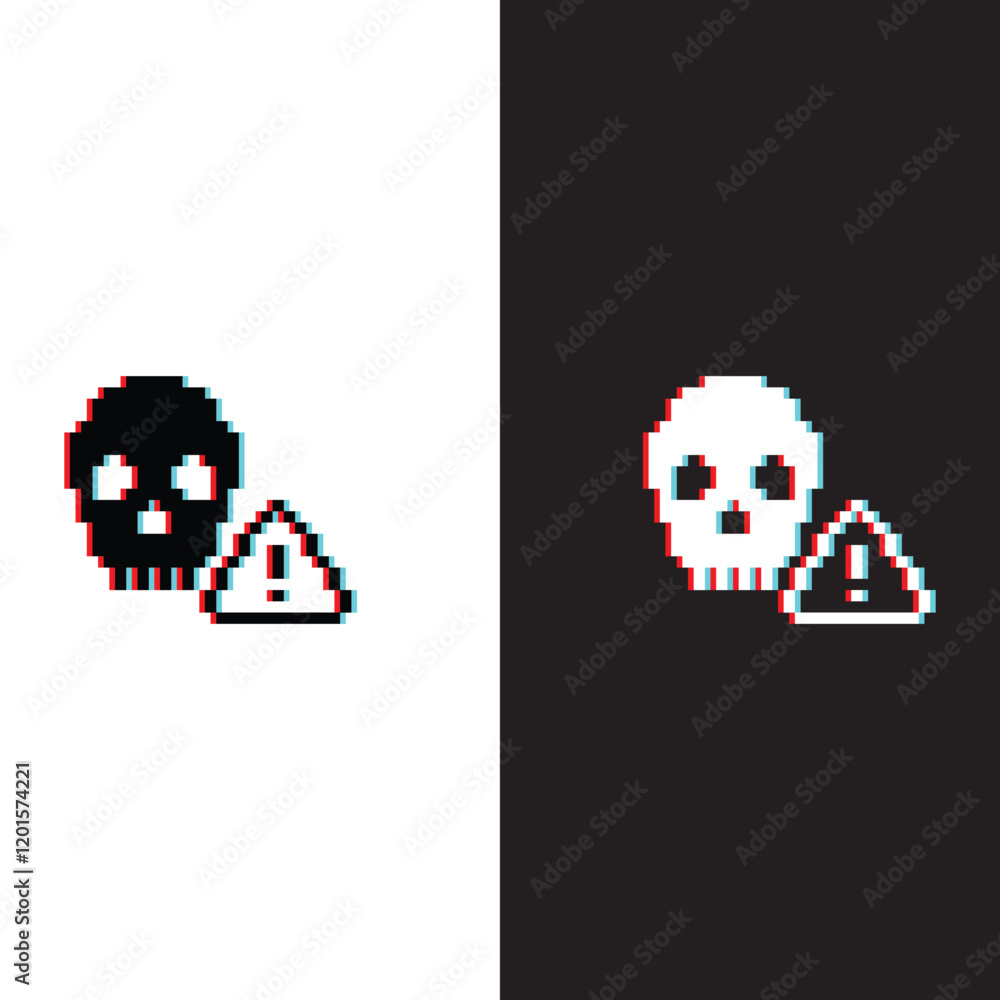 Poster glitch effect virus skull icon. vector pixel art hacker cyber computer pc 8 bit pirate game logo