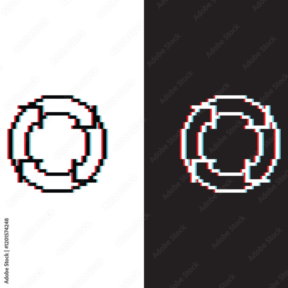 Poster glitch effect arrow icon 8 bit, pixel art rotate arrows recycling recycle symbol icon for game logo