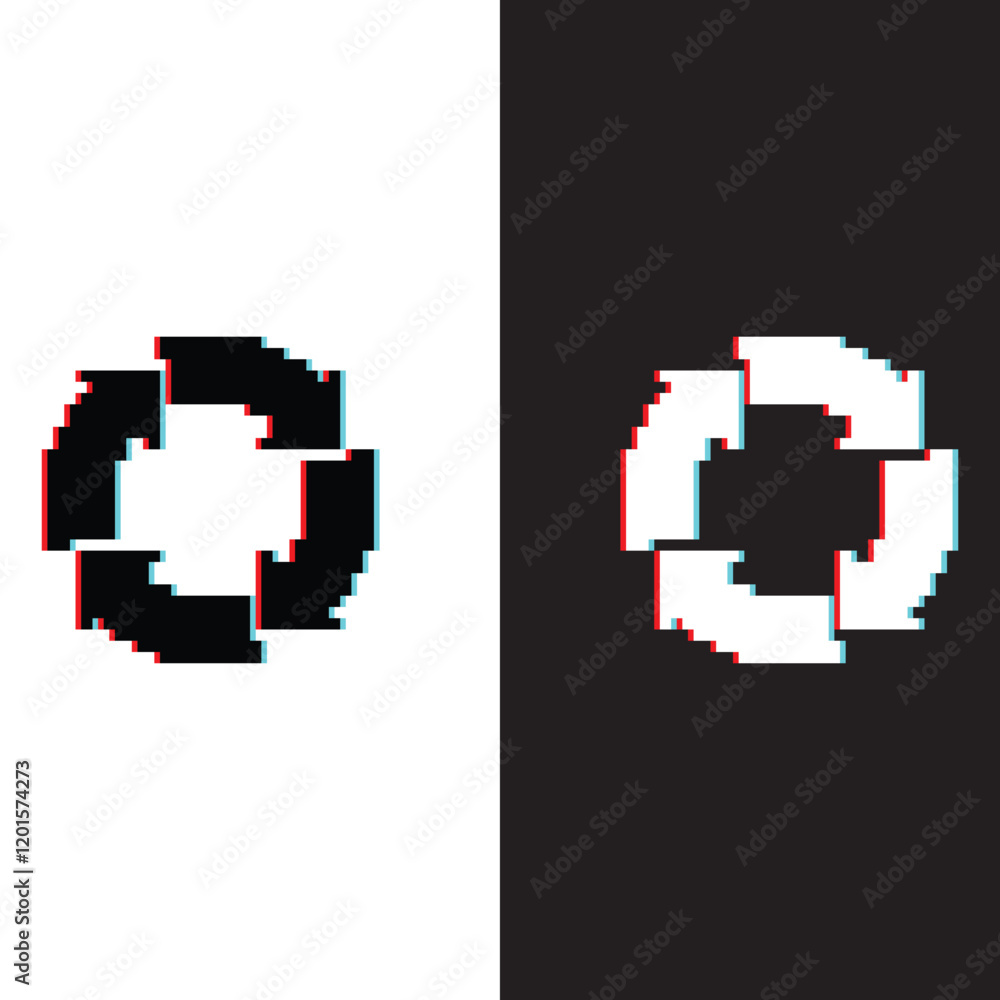 Poster glitch effect arrow icon 8 bit, pixel art rotate arrows recycling recycle symbol icon for game logo