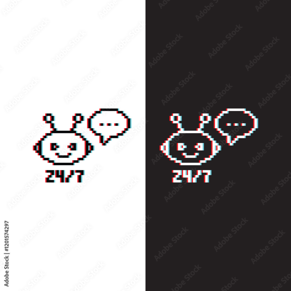 Poster glitch effect chatbot support 24 7 icon 8 bit, pixel art icon for game logo.