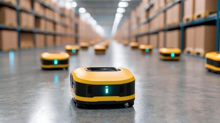 Autonomous robots in warehouse aisle, logistics