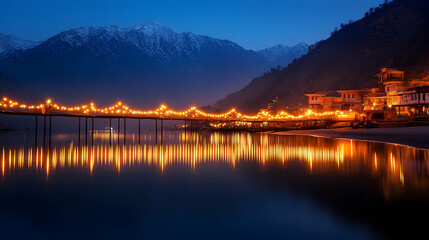 Illuminated bridge at twilight over calm lake reflecting lights, mountain village backdrop; travel postcard