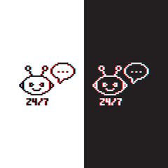 glitch effect chatbot support 24 7 icon 8 bit, pixel art icon for game logo.