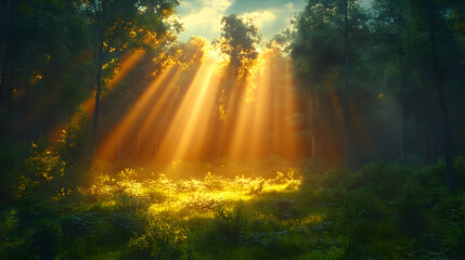 Fototapeta premium Magical Forest Sunlight Rays at Golden Hour