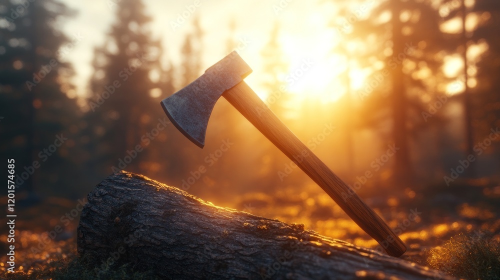Poster axe resting on a log at sunset in a forest.