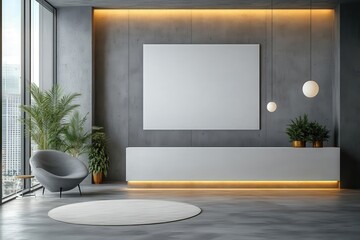 Modern Office Lobby with Minimalist Design Showcasing Grey Walls, Ambient Lighting, Green Plants, and a Large Empty Canvas for Artwork Display