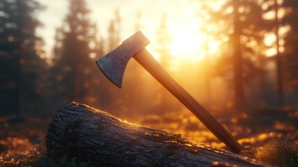 Axe resting on a log at sunset in a forest.