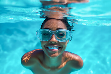 Naklejka premium Young woman wearing swimming goggles smiling underwater in a turquoise swimming pool during summer vacation