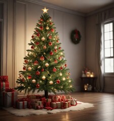 Christmas tree decorated with ornaments and lights, holiday season, festive lights