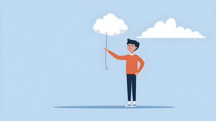 Man holding cloud balloon, sky background; concept illustration for dreams, ideas, or innovation