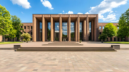 Obraz premium Modern building facade, sunny day, green trees, plaza. Architectural photography for real estate, brochures