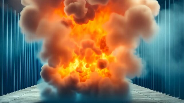 A powerful explosion of vibrant orange flames engulfs a dark blue rectangular rods, creating a mesmerizing contrast in a square light flow energy tunnel.