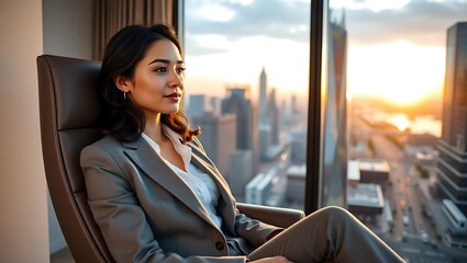 Fototapeta premium Serene Sunrise: Young Woman in Formal Attire Relaxing by a High-Rise Office Window