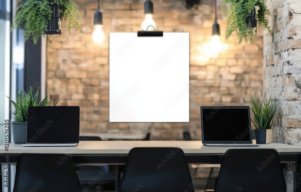 Poster modern office space with blank canvas and laptops in a stylishly designed environment