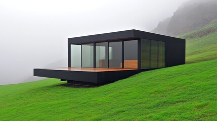 Fototapeta premium Modern Black Glass House on Green Mountain Overlooking High Cliffs in China, Minimalist Architecture, Steel Structure, Wooden Walkways, Serene Atmosphere, Panoramic View