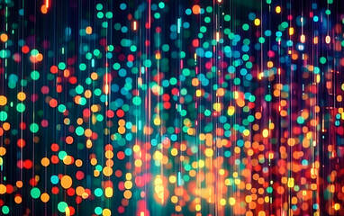Vibrant digital light display with multicolored bokeh, vertical lines. Technology, urban, futuristic art, dynamic cityscape.