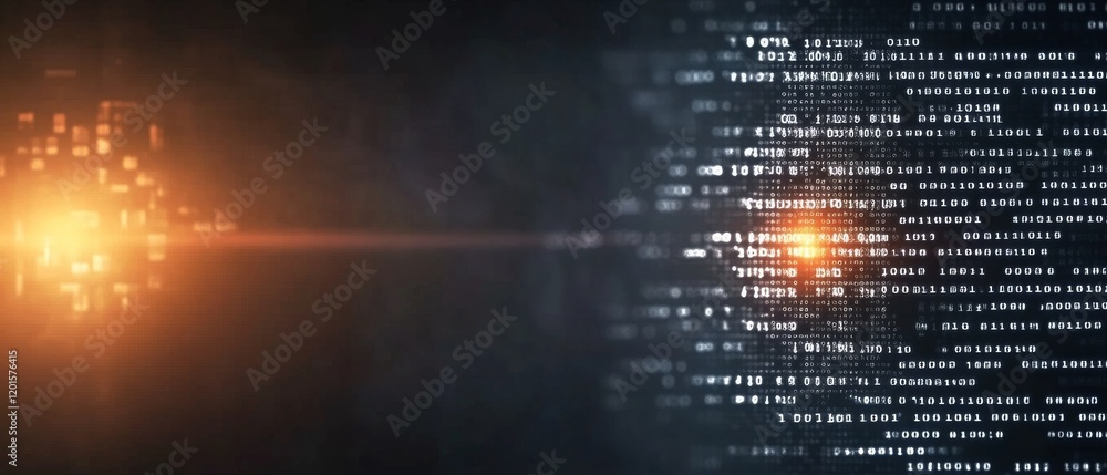 Poster abstract digital background with glowing lights and binary code streaming in a dark environment
