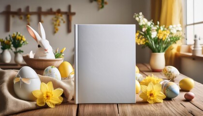 A blank magazine cover stands proudly on a rustic wooden table, surrounded by colorful Easter eggs, fresh daffodils, and a playful bunny nestled in a bowl, celebrating spring's arrival