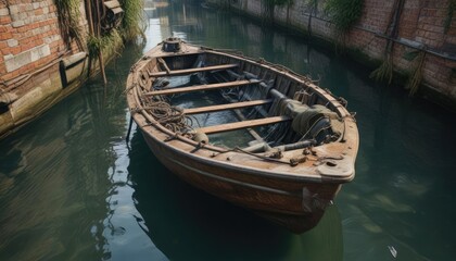 Boat hull partially submerged in canal water with sunken pipes and old fishing gear, tangled fishing nets, submerged boat