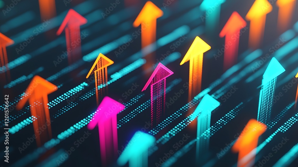 Poster a vibrant array of upward-pointing arrows in various colors, symbolizing growth, progress, and data 