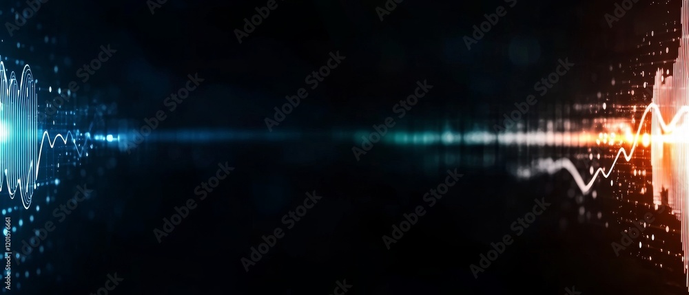 Poster abstract digital waveform display with color gradients on a dark background for media or technology 