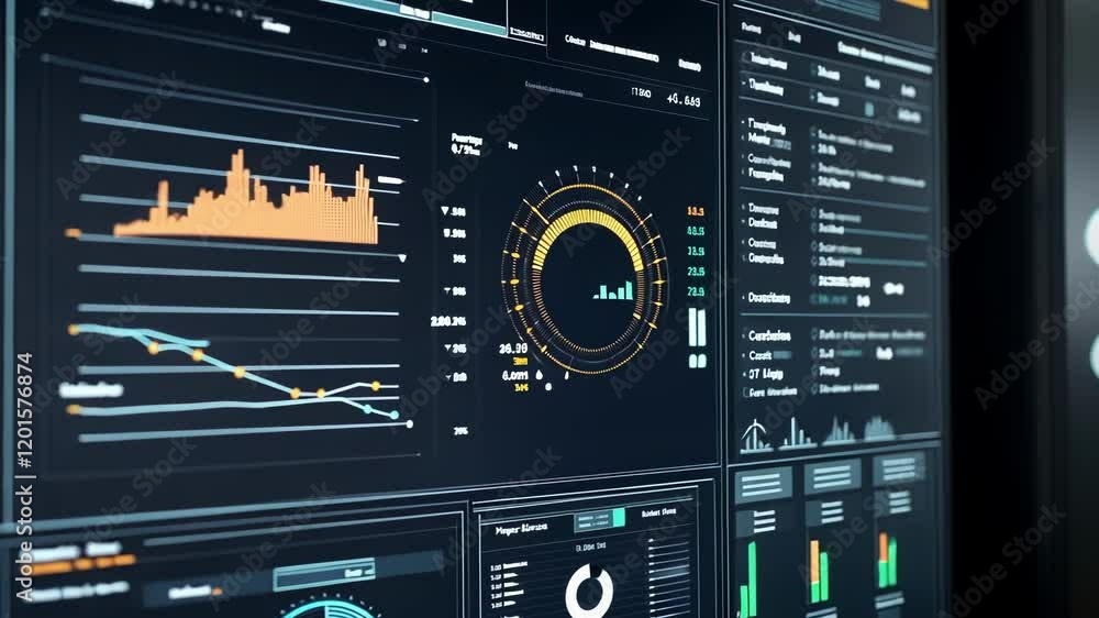 Poster complex financial data analysis showing declining trends, displayed on a large screen with dynamic c