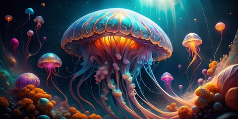 Naklejka premium Surreal Underwater Jellyfish Ballet: Mesmerizing Bio-luminescent Creatures