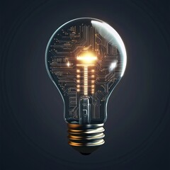 Glowing light bulb with intricate circuit details