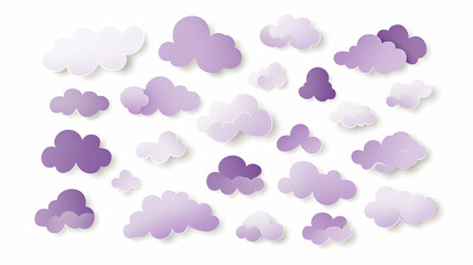 Purple paper clouds collection, design elements, white background, for kids crafts