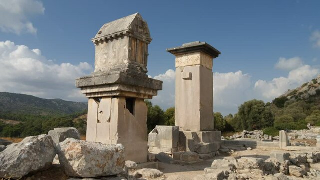 The ancient city of Xanthos, the capital of Lycian civilisation. Tomb structures in the Old City. Ancient cities in Turkey listed as World Heritage Sites by UNESCO. Kas district, Antalya, Turkey 