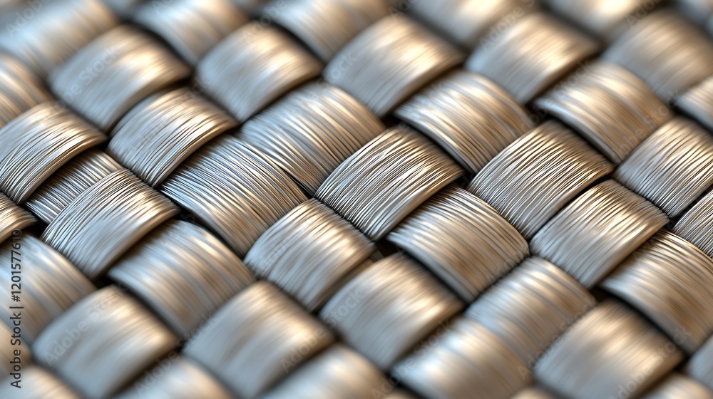 Poster a close-up view of a woven metallic texture, showcasing intricate patterns and shiny surface details