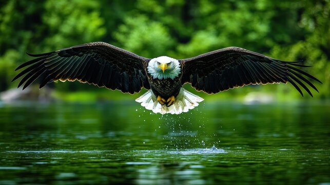 Bald eagle diving into water.