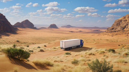 Large truck ventures through rugged desert terrain
