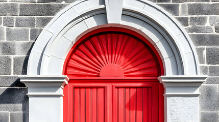 Fototapeta premium Red arched door, stone building facade, sunlight, architectural detail, design element