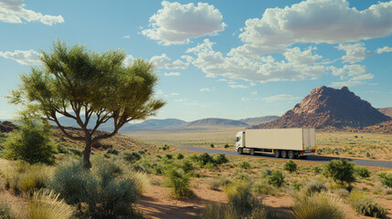 Naklejka premium Truck traveling across open desert with mountain views.