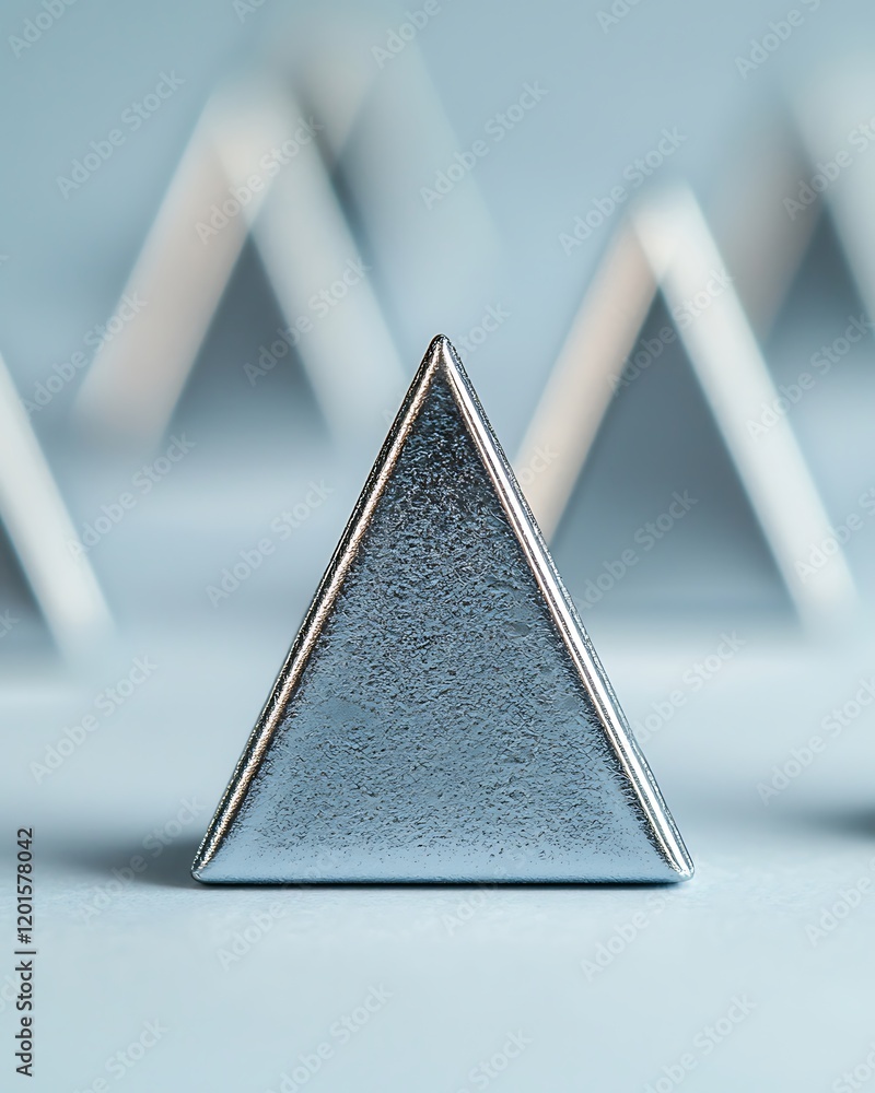 Poster a shiny metallic triangle stands prominently against a soft blue background, with similar shapes blu