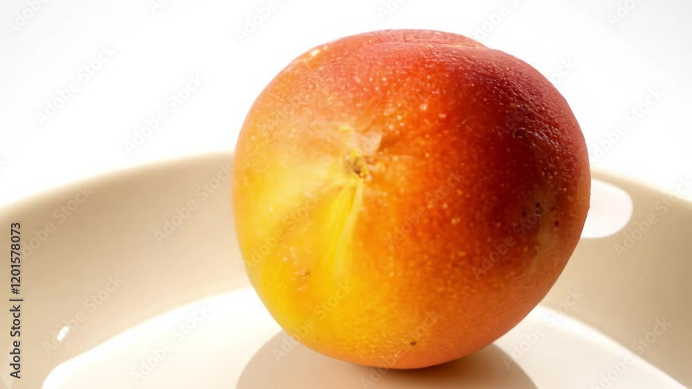 Poster static fill light video, focusing on a perfectly ripe peach isolated on a white plate with a smooth 