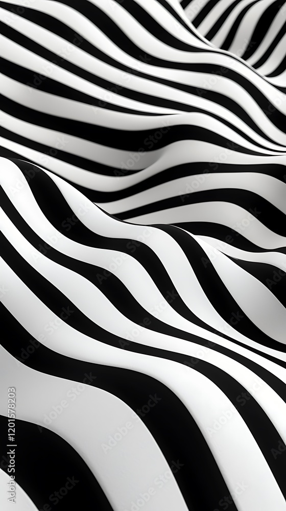 Poster a close-up of flowing black and white stripes creating a dynamic, wavy pattern with a sense of depth