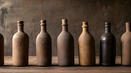 Rustic earthenware bottles arranged on wooden table against dark background; perfect for vintage, historical, or alcoholic beverage themes