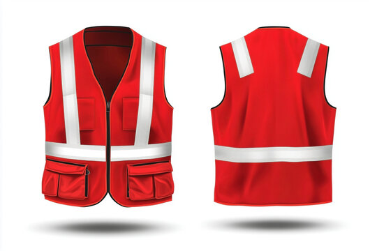 Red vector safety vest with gray stripes front and back view on isolated background