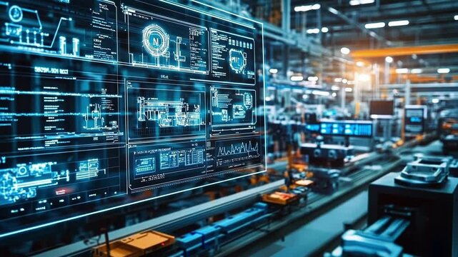 A digital dashboard in a factory control room featuring numerous screens displaying live feeds from multiple machines all equipped with machine learning algorithms designed to spot