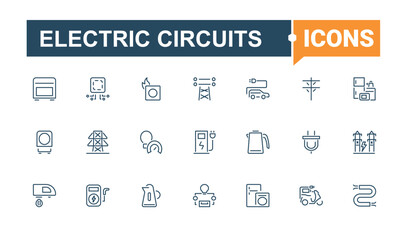 Electric Circuits icon set. Containing meter, solar, battery, nuclear, ui, renewable and more. Isolated icons design. Editable stroke. Vector illustration.
