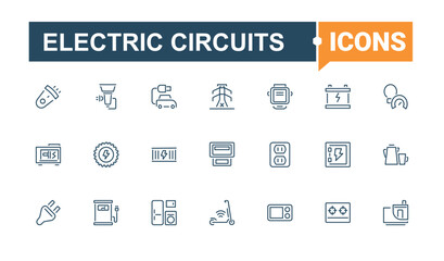 Electric Circuits icon set. Containing meter, solar, battery, nuclear, ui, renewable and more. Isolated icons design. Editable stroke. Vector illustration.