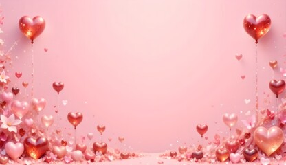 Obraz premium Pink background with a bunch of red hearts scattered around it. The hearts are of different sizes and are placed in various positions. Scene is one of love and affection